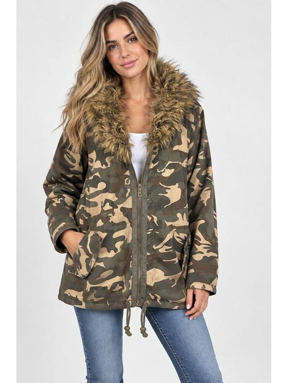 Love 21 Forever 21 Y2K Camo Faux Fur Hood Military Jacket Women's Utility